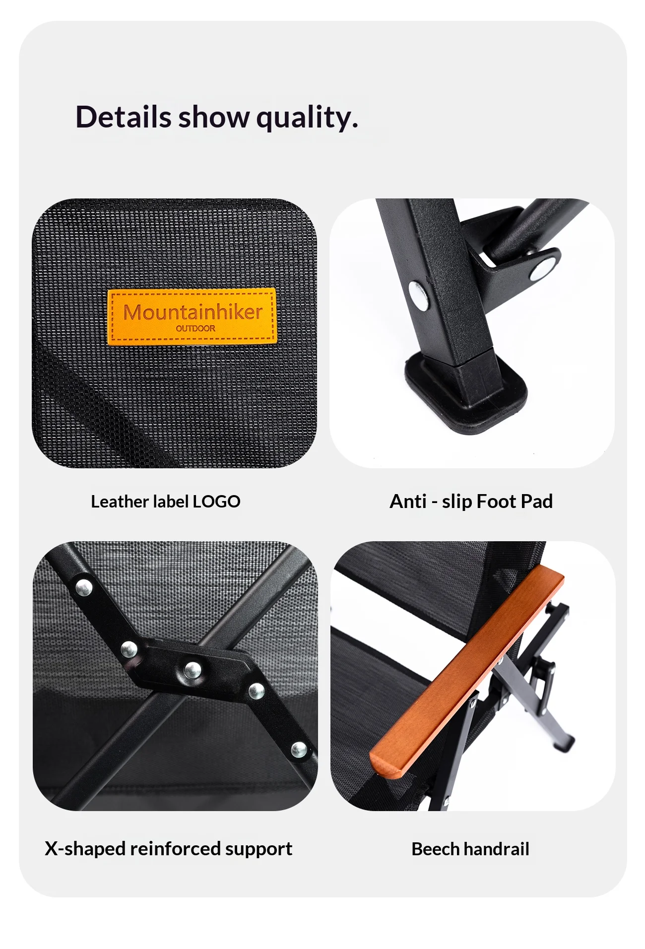 Mountainhiker Atmungsaktiver Campingstuhl mit Holzarmlehne, Tragbarer Klappbarer Outdoor-Stuhl für Strand, Angeln, Picknick, Schwarz, Sommer – Detail 12