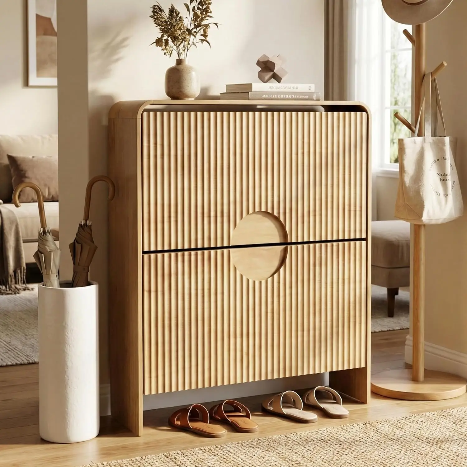 Narrow Shoe Cabinet for Entryway, Fluted Entry Way Shoe Storage Cabinet with 2 Flip Drawers Doors, Slim Hidden Shoe, Customized