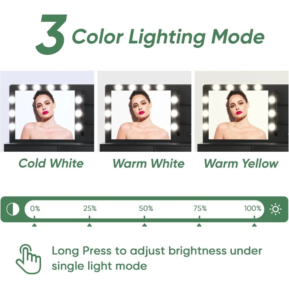 illuminated makeup vanity desk with 5 drawers and 3 lighting modes