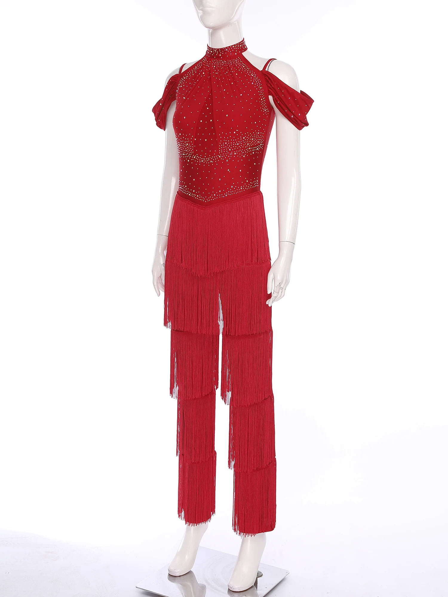 Women Halter Rhinestones Tiered Tassels Latin Dance Cha-cha Jumpsuit Disco Samba Rumba Tango Salsa Ballroom Dancing Bodysuit