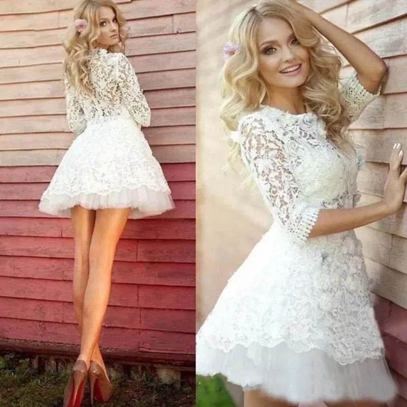 Elegant Sexy Short Lace Applique Tulle Bridal Dress New 2025 Mini Length Seven Point Sleeve Round Neck Wedding Dress Customized