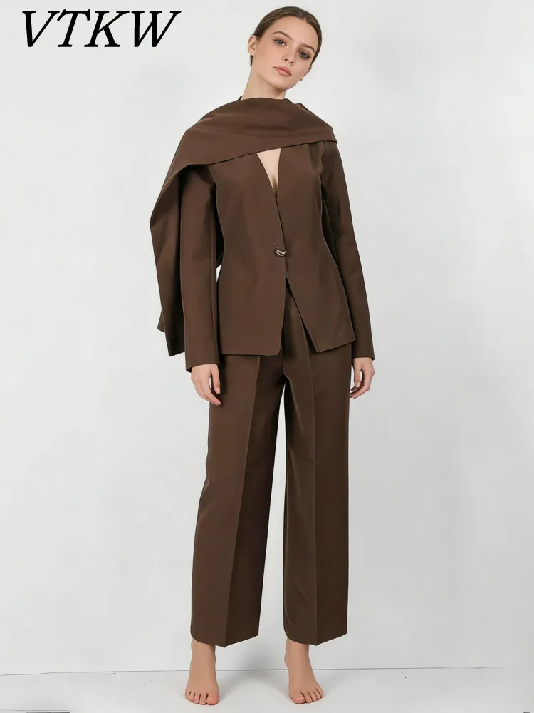 

VTKW 2026 New Arrival Women Brown Blazer Pants Set Shawl Collar Single Breasted Wide Leg Two Piece Office Suit