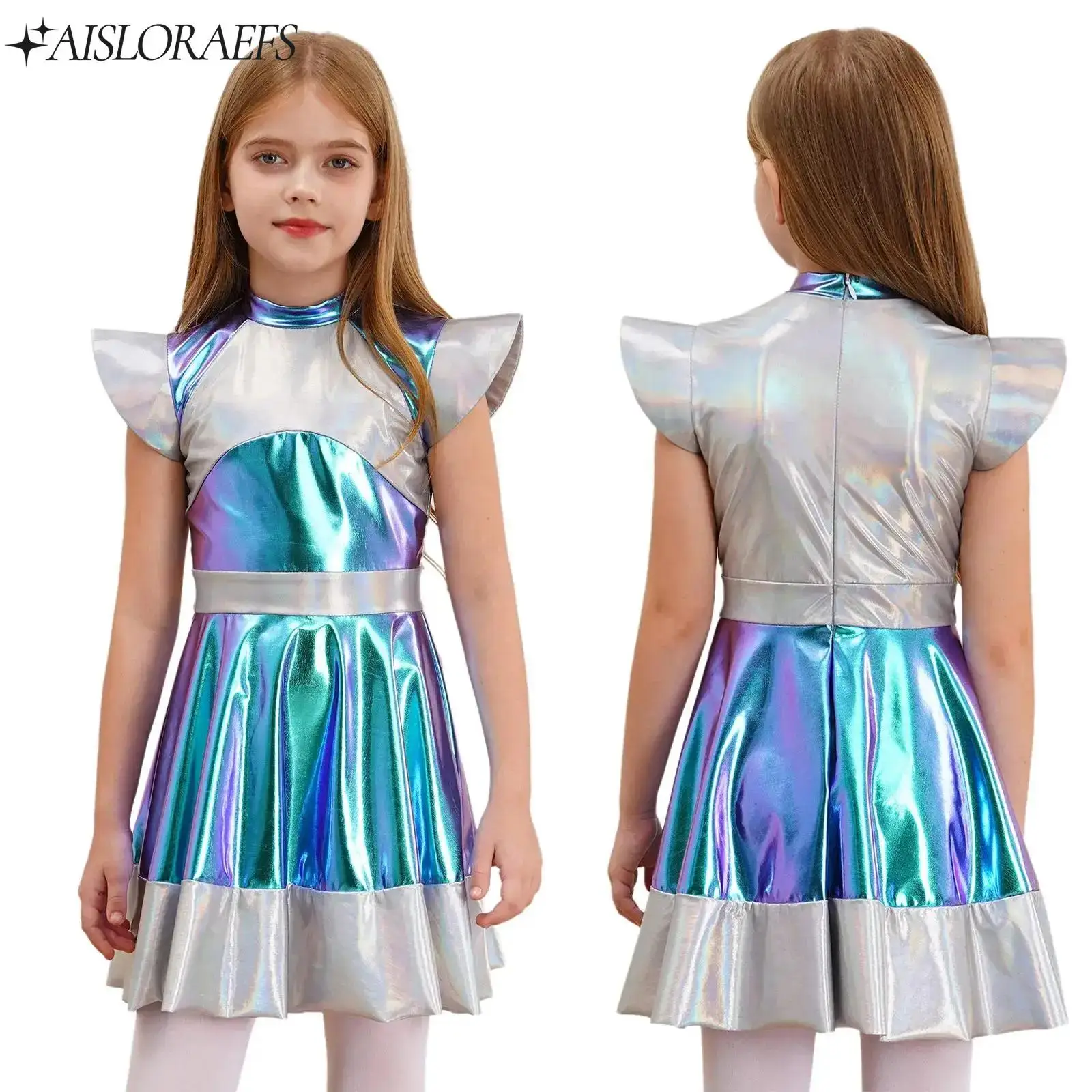 Kids Girls Alien Cosplay Costumes Outer Space Cutie Costumes Dress Cap Sleeve for Role Play New Year Party Carnival Performance