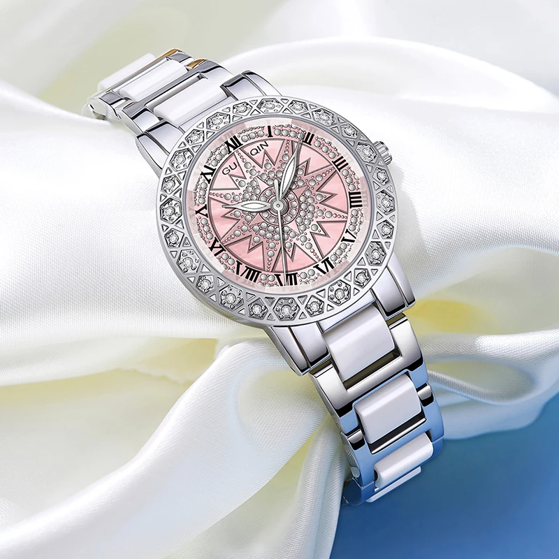 GUANQIN Luxury Women's Quartz Watch Rotating Snowflakes Luminous Hands Leisure 30M Waterproof Watch for Lady for Gifts