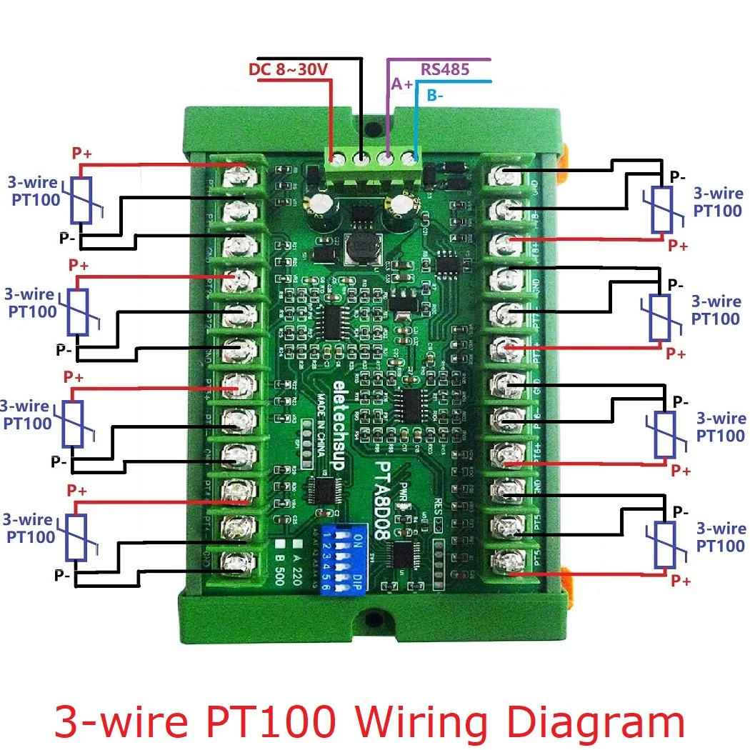 PTA8D08 8ch DC 8-30V PT100 RTD RS485 Temperature Sensor Module Modbus RTU Platinum Thermal Resistance Collector -40~500C