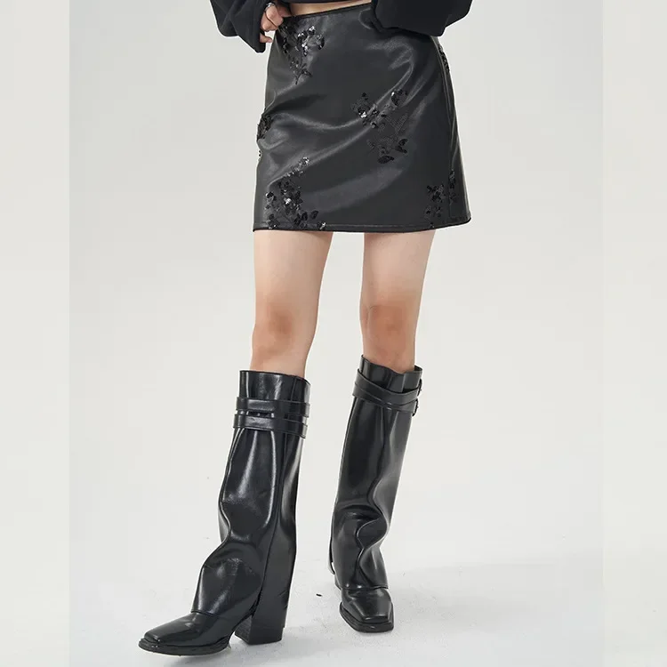 البوب الخريف/الشتاء نمط جديد Bodycon تنورة الترتر التطريز بولي Leather الجلود اقتصاص عالية الخصر الأصلي المتخصصة تصميم العصرية نصف S