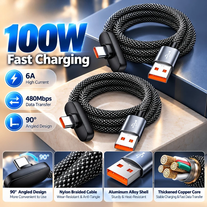 100W Fast Charging USB Type C Cable Portable 90 Degree Elbow Nylon Braided USB-C Cord for IPhone Samsung Xiaomi Laptop PC