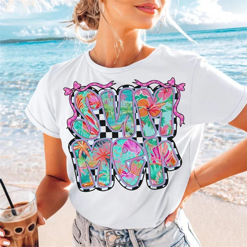

Summer Tropical Floral Lettering Women's T-Shirt Lady's Short Sleeved Casual O-Neck Summer Fashion Printed Women's Trendy Tee