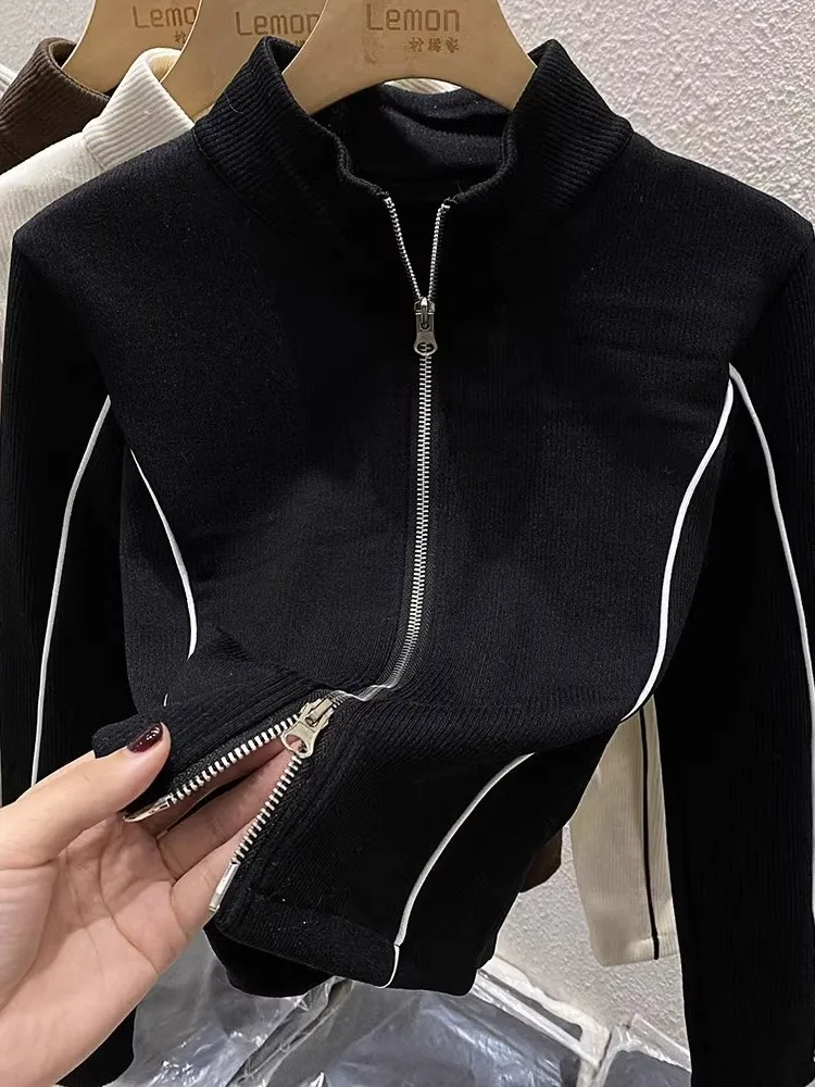 

Women's Corduroy Zipper Collar Open Cardigan Sweatirt Jaet Slim Fit Asymmetrical ort Length Long Sve Top