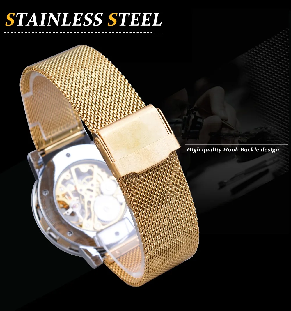 WINNER brand Golden Men mechanical watch skeleton fashion business mesh steel strap watch men and women watch