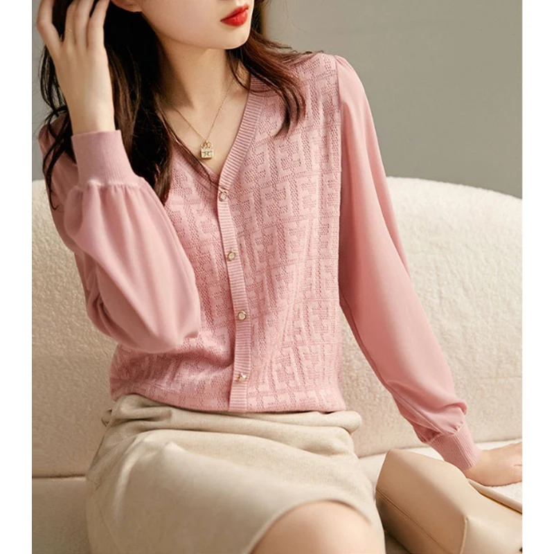 Women Hollow Patchwork Elegant Knitwear Korean V Neck Long Sleeve with Button Pullover Knit Top Female Chic Sweet Casual Blouses