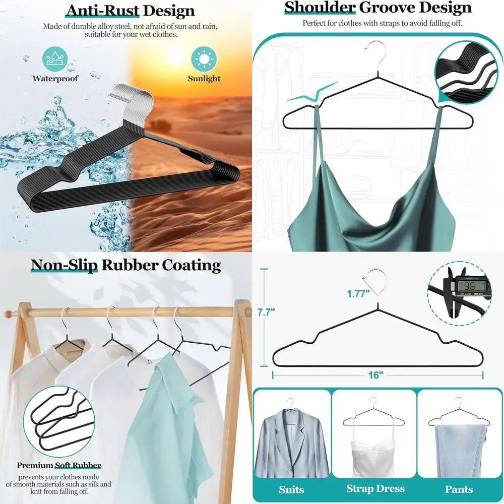 

16 Rubber-Coated Metal Hangers with Round Notches for Various Garments, Heavy Duty, Space-Saving, Black