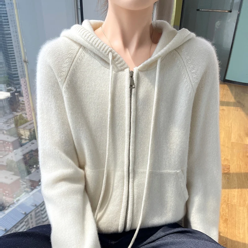 

100% Merino Wool Hooded Cardigan Women's Hooded Collar Loose Zipper Jacket Fashion Joker Pocket Knit Coat Cashmere Base Shirt