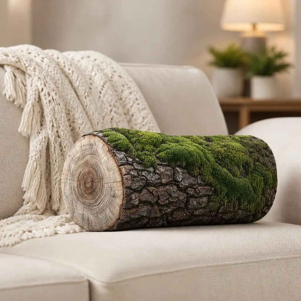Mossy Log Throw Pillow Woodland Tree Trunk Cushion Irregular Stuffed Plush Pillow Forest Nature Rustic Home Decor Bed Gift