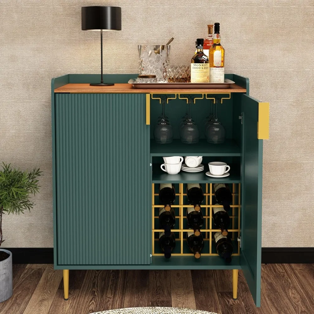 Armoire de bar à café avec supports à vin, armoire à liqueur verte avec texture cannelée, buffet moderne pour cuisine et salle à manger