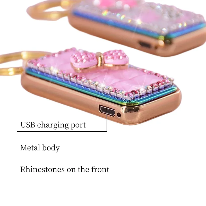 Fashion Rhinestone Lighter USB Rechargeable Lighter Electric Tungsten Cigarette Lighter Special Keychain Lighter Ladies Gift