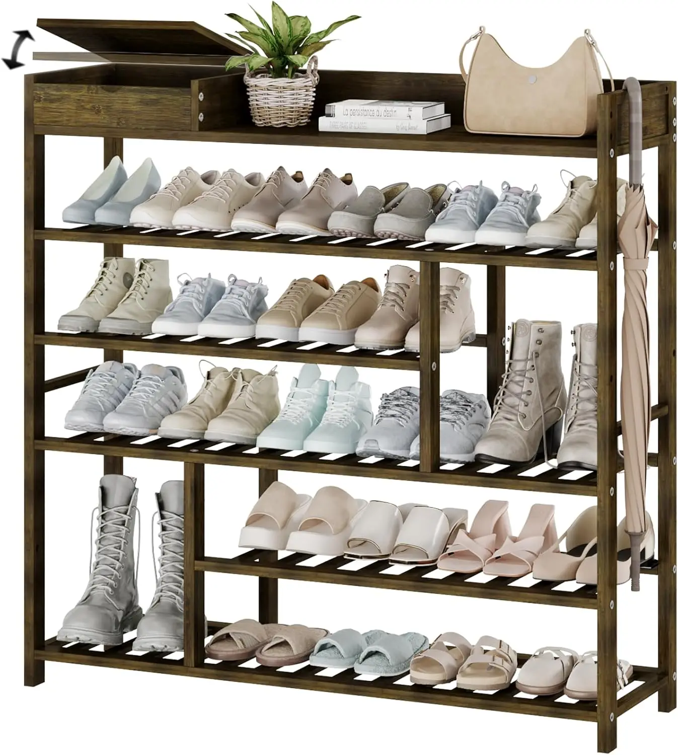 

Bamboo Shoe Rack with Storage Box - Adjustable Shelf for Entryway, Closet & Doorway in Dark Brown