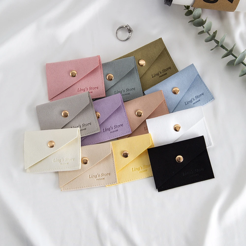 50pcs Lovely Personalized Logo Bevel Microfiber Jewelry Snap Bag For Earring Ring Box Necklace Bracelet Packaging Gift Organizer