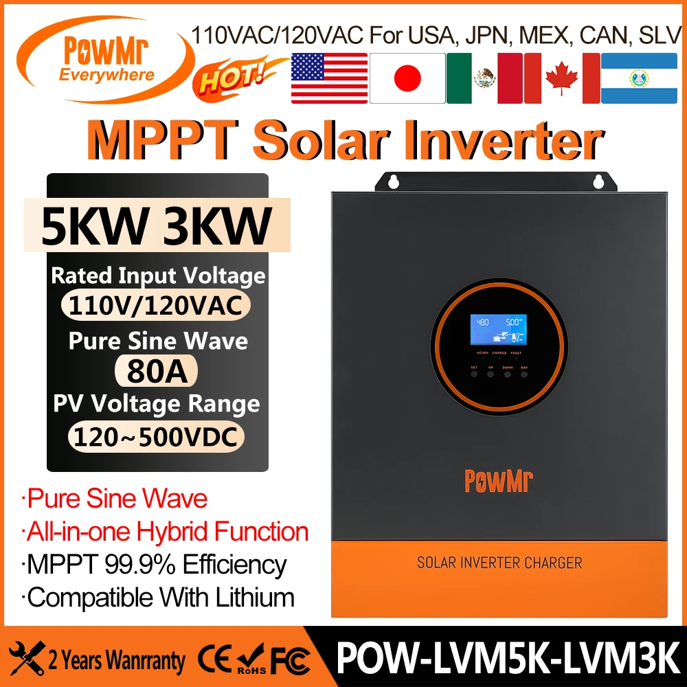 PowMr 3KW 5KW Hybrid Solar Inverter 110VAC 120VAC Output Pure Sine Wave for 24V 48V Battery MPPT 80A Controller Max PV 450VDC