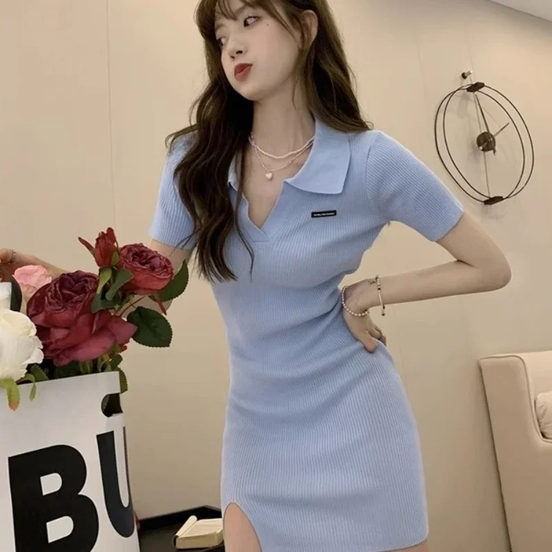 Sexy Kurzarm Mini Gestrickte Split Bodycon frauen Kleider Retro Günstige Casual Vintage Koreanische Mode Kurvige Weibliche Kleid Verkauf