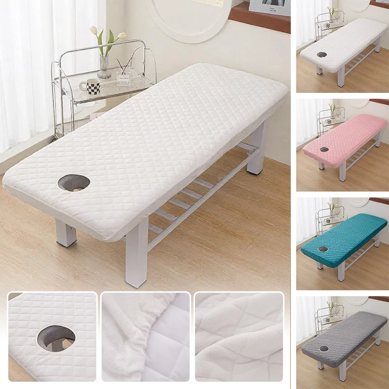 70x190cm Crystal Velvet Quilted Massage Table Fitted Sheet Non‑Slip Beauty Bed Cover with Face Hole for Spa Salon Skin Care