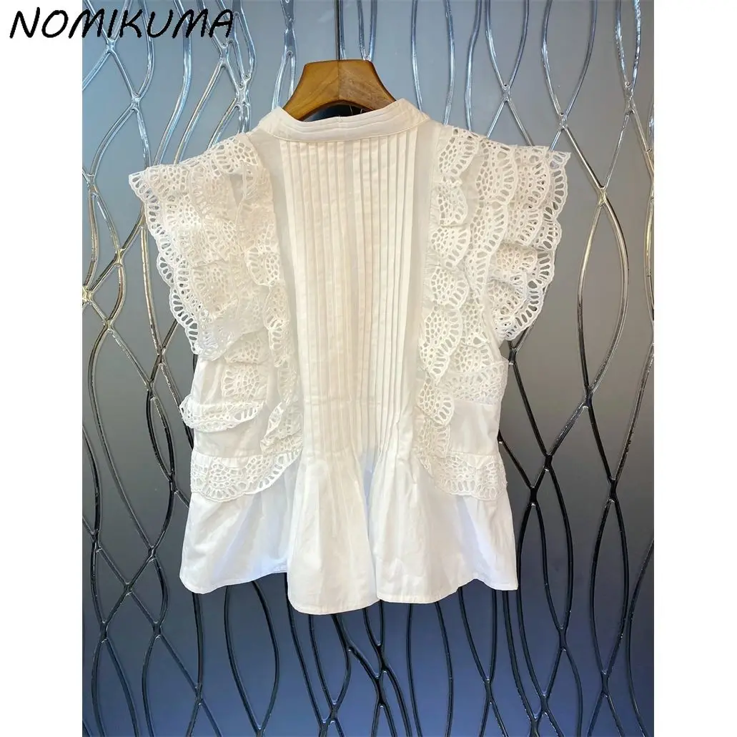 Nomikuma Womens Tops Korean Lace Ruffle Sleeveless Blouse Fashion Folds Single Breasted Stand Neck Blusas Shirt 2023 Summer New