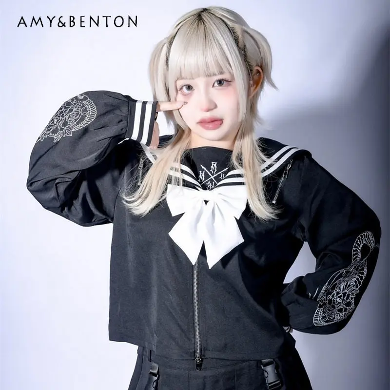 

Japanese Dark Subculture Embroidered Bow Tie Sailor Uniform Loose Long-sleeve Top Women Mass-produced Punk Style Oversized Top