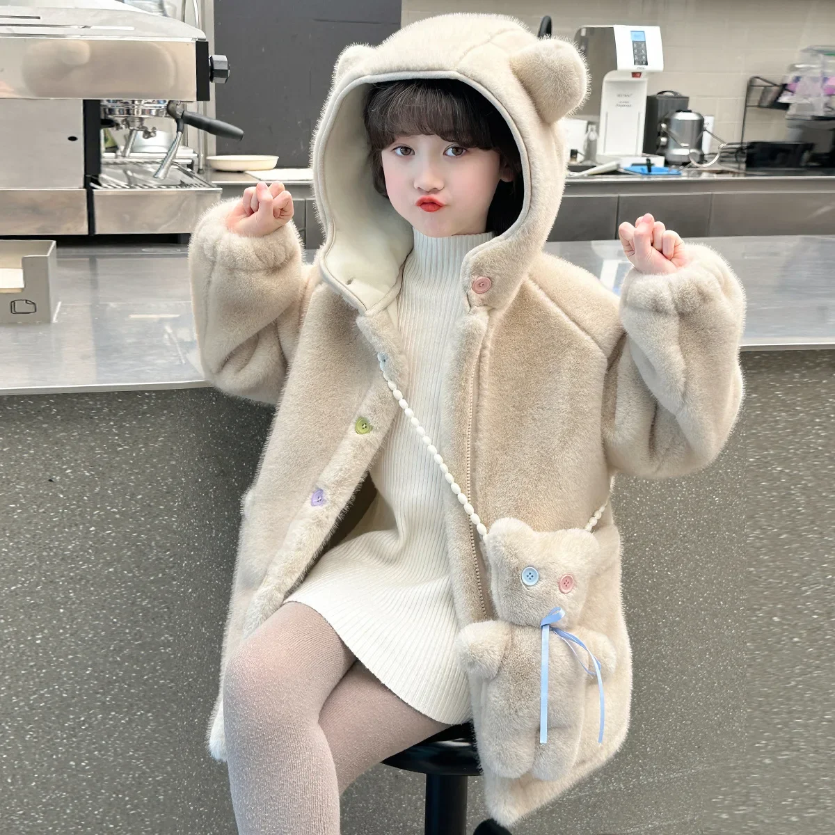 2026 Children Fleece Coat Winter Thick Plus Velvet Warm Coat Imitation Mink Fur Girl Long Hooded Children Outerwear Plush Jacket
