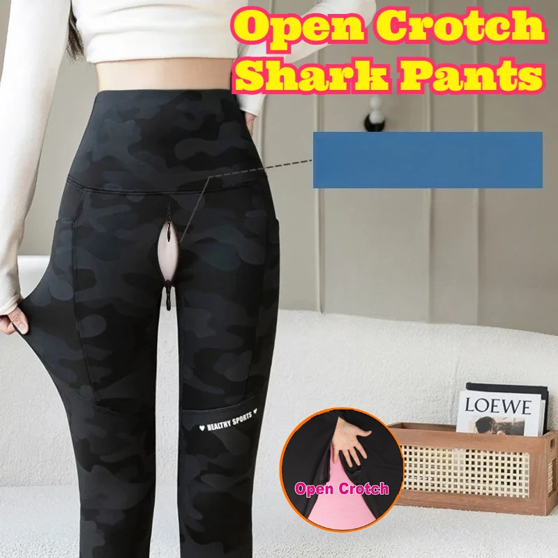 

Women Sherpa Fleece Camo Shark Pants High Waist Thick Warm Winter Two Pockets Yoga Leggings Plus Size Cycling Pant Stretchy Soft