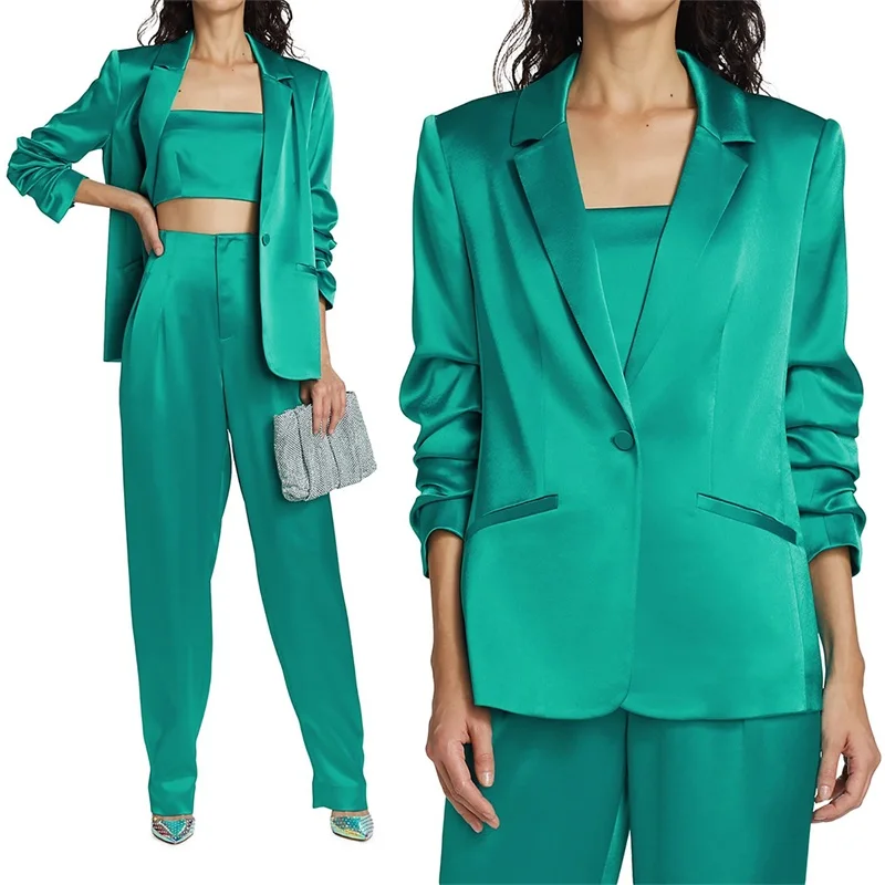 Conjunto de traje de satén de seda de 3 piezas para mujer, Top de tirantes + Blazer + Pantalones, chaqueta Formal de oficina, vestido de graduación, traje hecho a medida