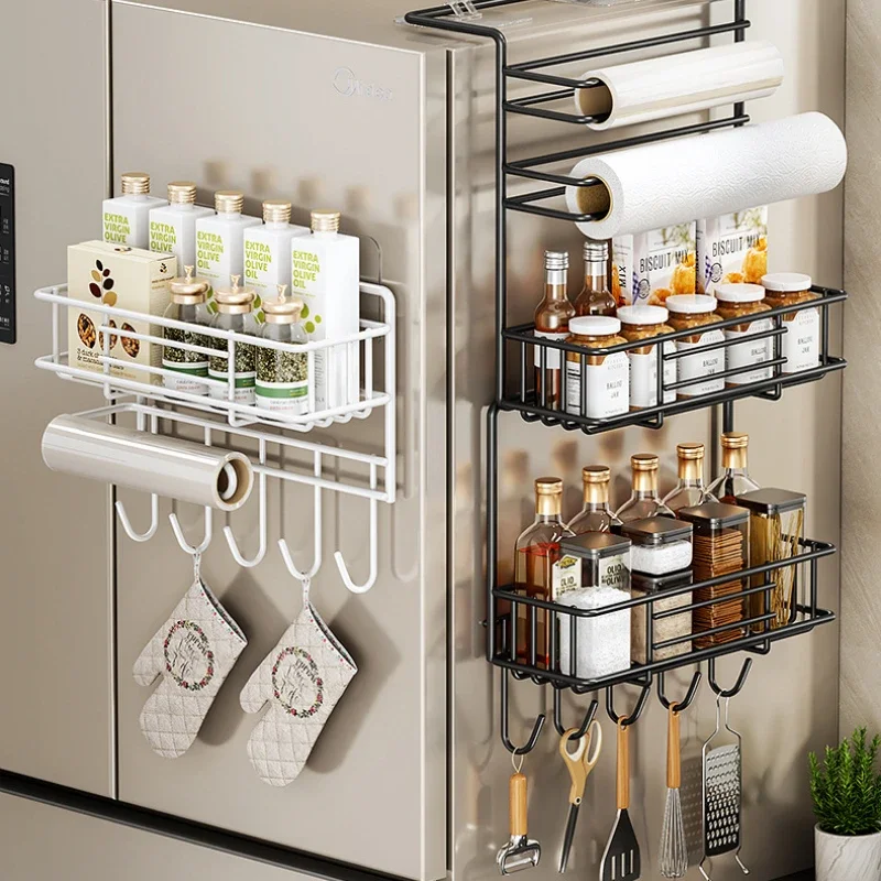 Kitchen Refrigerator Side Shelf Space-Saving Spice Storage Rack with Hooks Efficient Kitchen Fridge Organizer Holder