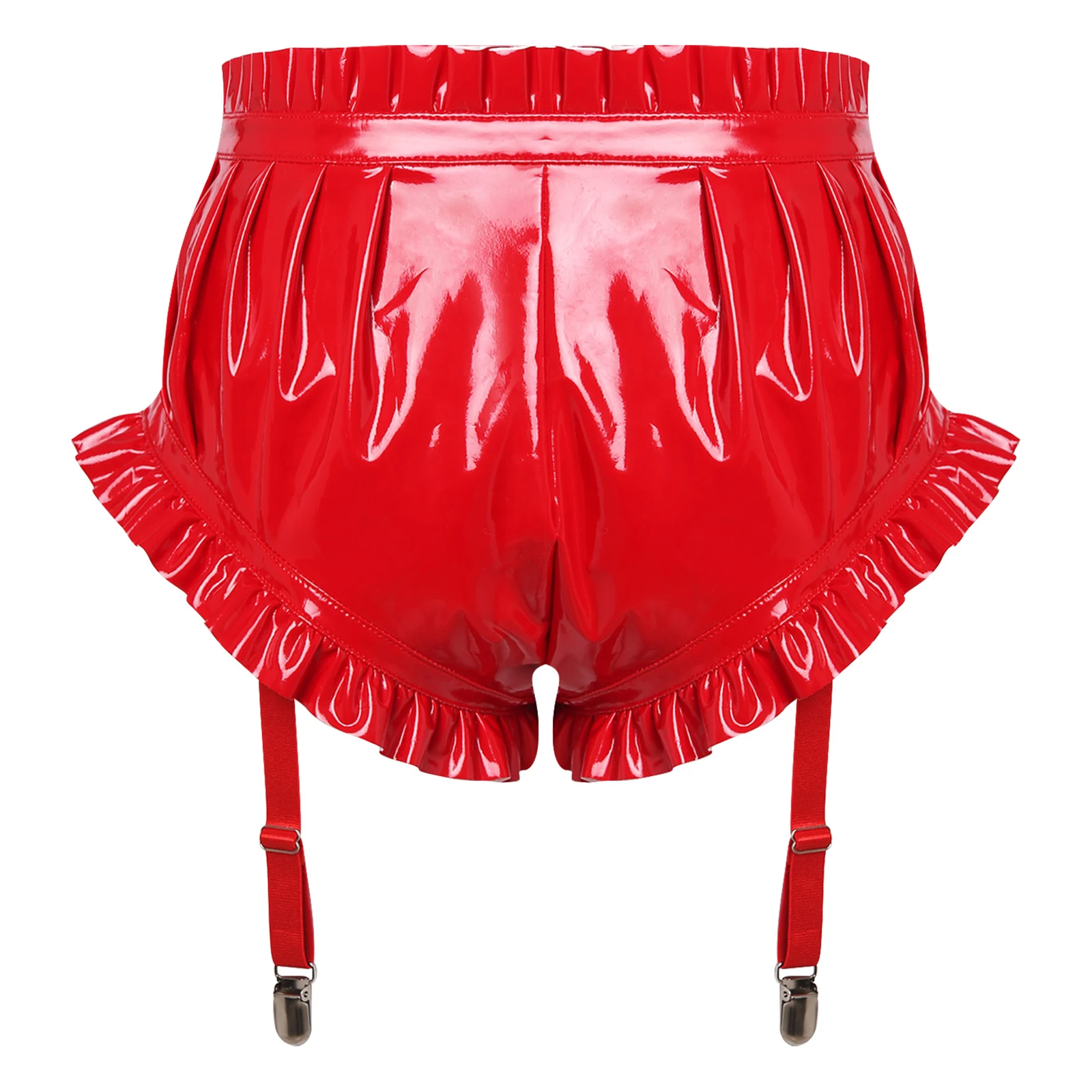 Damen PU-Leder Latex-Shorts mit Rüschenbesatz, Strumpfhalterclips, geraffter Bloomer, Unterwäsche, Rave-Party-Outfit, Lingerie-Unterteil, Clubwear – Detail 16