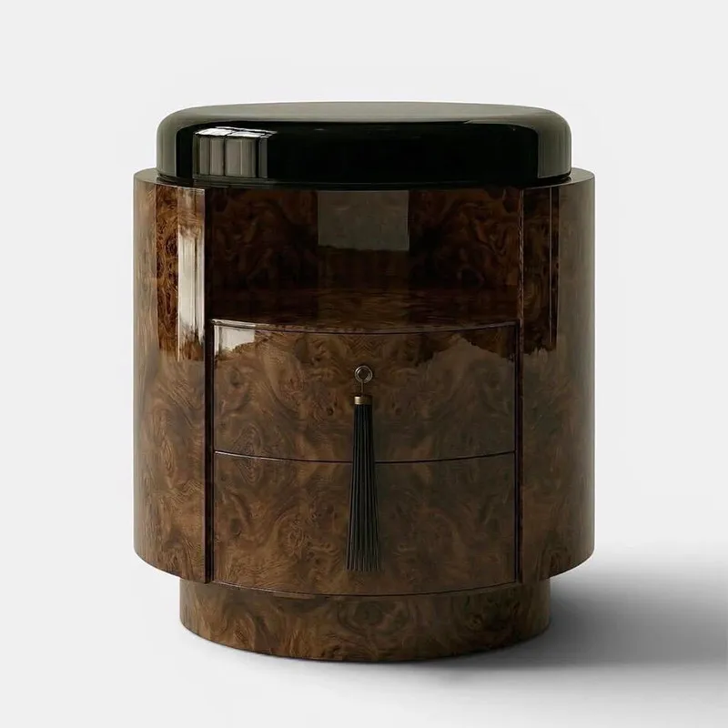 Modern Italian luxury round bedside table design, walnut bedside table, bedroom storage side table
