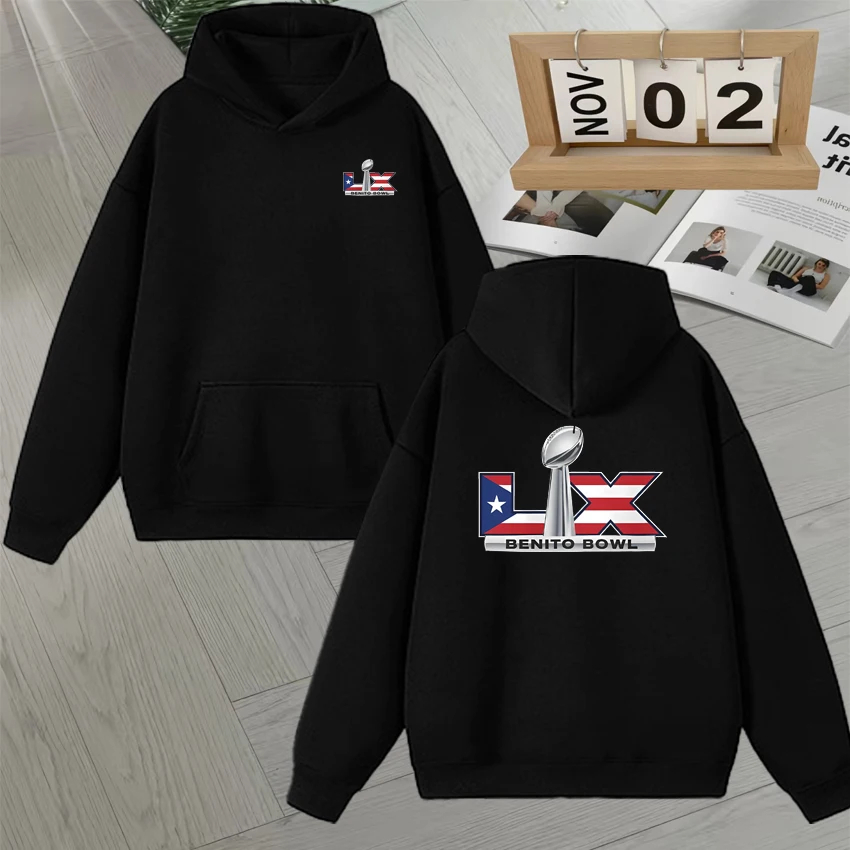 

Benito Bowl Bad Bunny Super Bowl Puerto Rican Flag Graphic Double Sided Print Sweatshirt Autumn Winter Long sleeve Fleece Hoodie