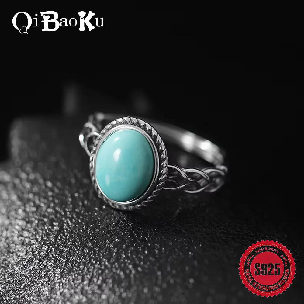

QIBAOKU Vintage S925 Sterling Silver Rings Turquoise Women's Thai Silver Adjustable Hollow Out Luxury Party Holiday Gift Ring