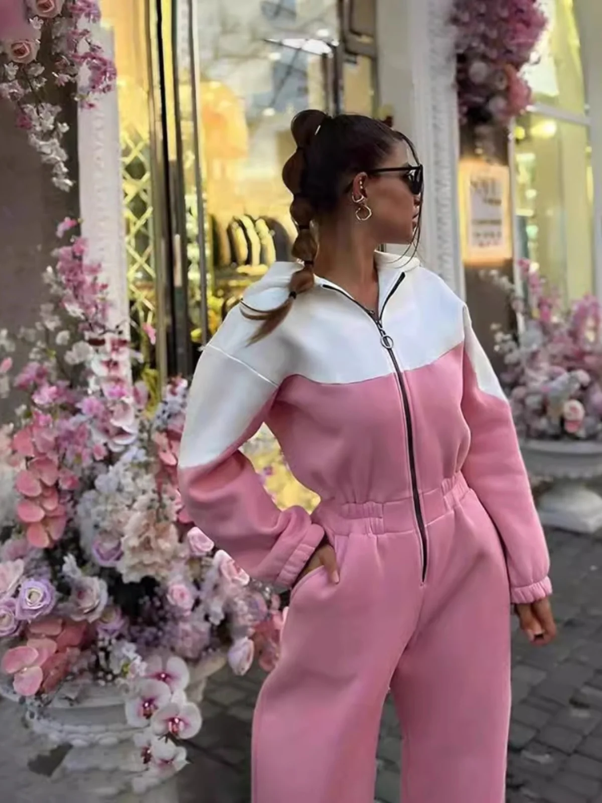 

Spor Casual Color Blo Long Jumpsuit Women's Two-Piece Set Long Sve Stand Collar Zipper Jumpsuit for Leisure Activities