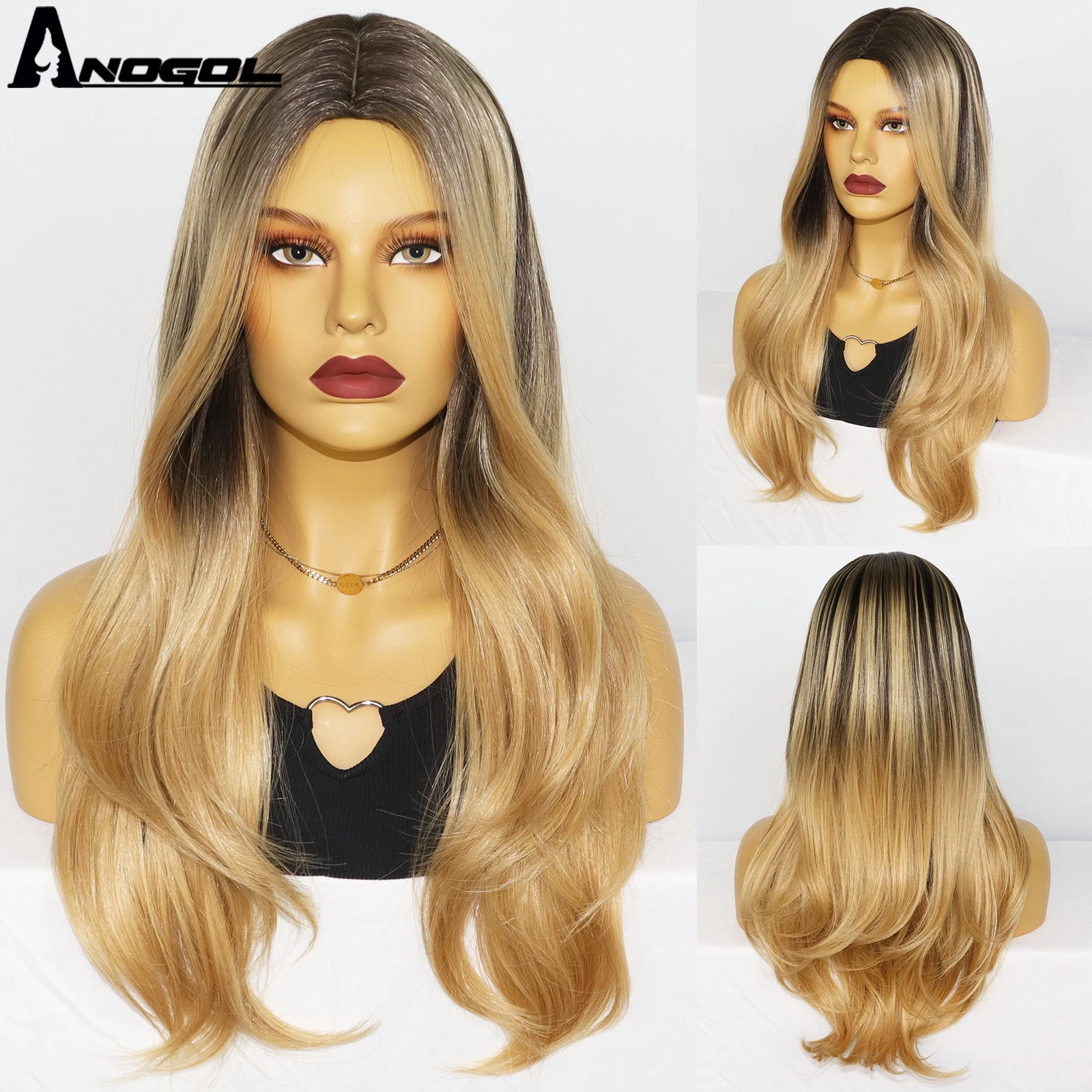 ANOGOL Synthetic 26Inch Long Brown To Gold Wave Black Blonde Wigs With Bangs Daily Heat Resistant Fiber Hair Cosplay Wavy Wigs