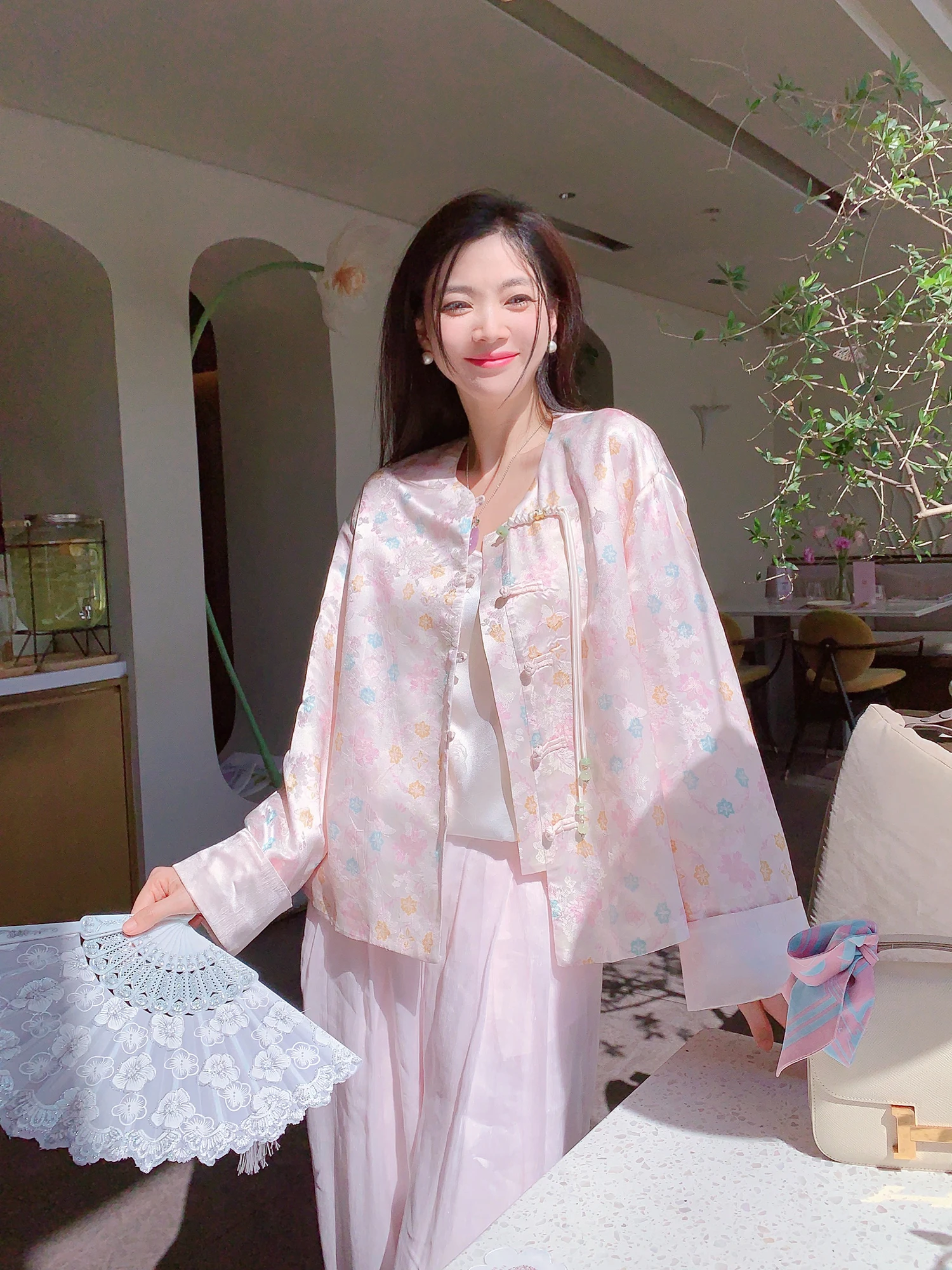 

MissLuxury Floral Dr National Sle Silk Jaet Women's ort Open Cardigan Autumn New Arrival Silk Straight Tube