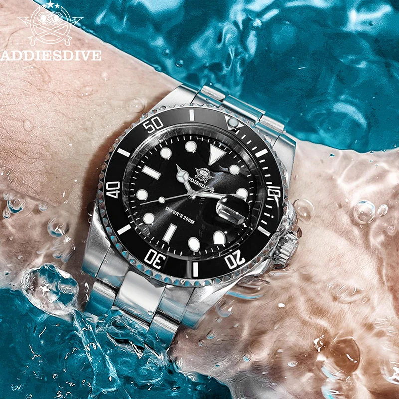 

ADDIESDIVE Светящиеся мужские кварцевые часы из нержавеющей стали с керамическим безелем Аналоговые часы 200 м Водонепроницаемые наручные часы с календарем для дайвинга