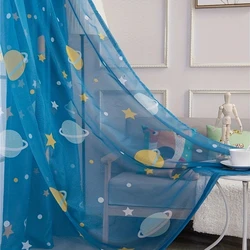 Cartoon Planet Star Sheer Curtain For Kids Boys Bedroom Printed Blue Sheer Voile Window Drapes Blinds T&355#30
