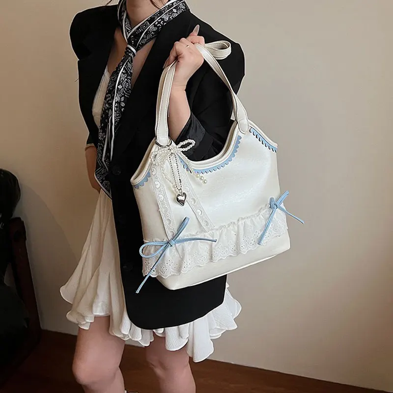 

Свежая модная сумка на плечо в корейском стиле, милая студенческая большая вместительная сумка для подмышек, офисная женская сумка-тоут с кружевной отделкой