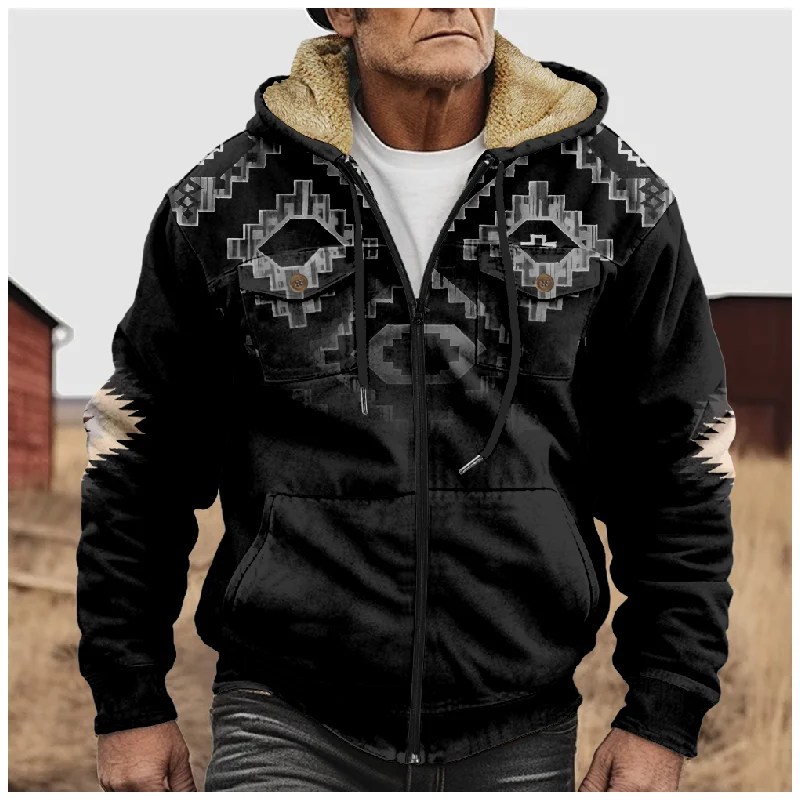 New Creative Cotton Coat Hooded Sweater Casual Print Men's Fur Loop Arctic Velvet Zipper Patch Pocket Hooded Sweater a02