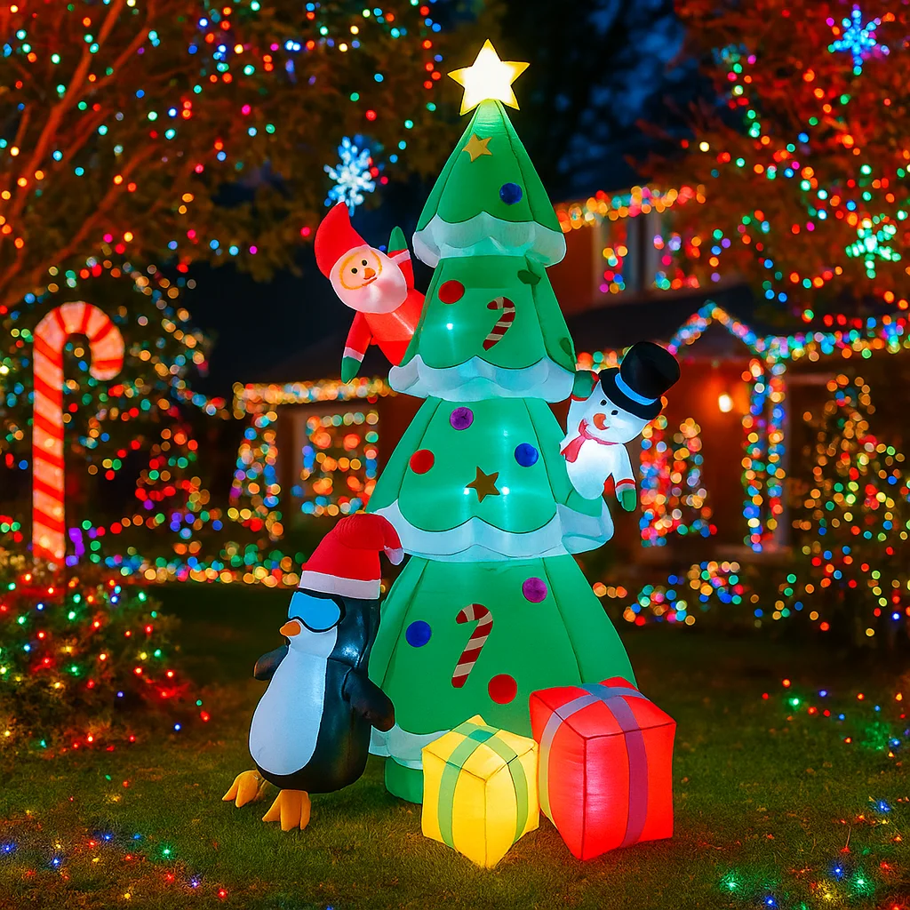 2.1 متر/6.8FT نفخ شجرة عيد الميلاد سانتا ثلج البطريق هدية صندوق ضوء LED ديكور المنزل لعبة ساحة عيد الميلاد عطلة الإضاءة حلية #3