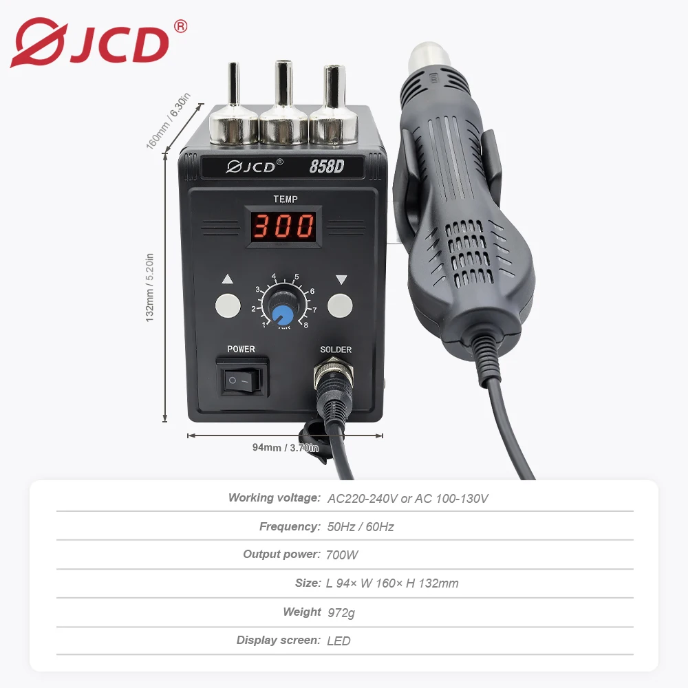 Imagem -02 - Jcd 858d Hot Air Gun Soldagem Estação Display Led 700w Temperatura Ajustável Bga Retrabalho Pistola de Calor Ferramenta de Soldagem ue Eua ue