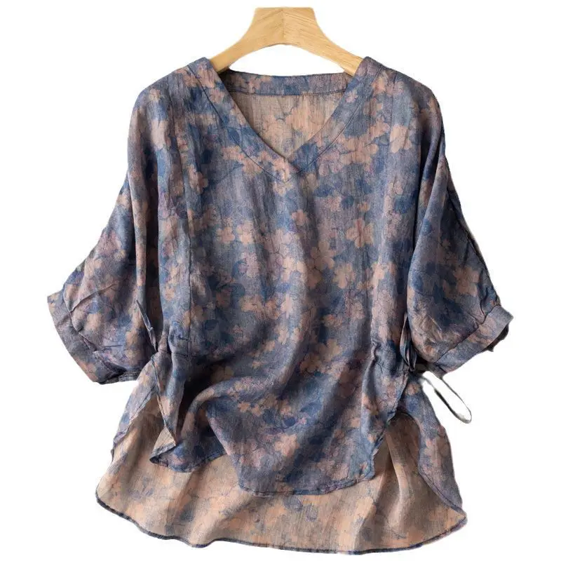 Novedad de verano, Top de estilo Retro de manga corta con estampado y tinte, camisa holgada y cómoda