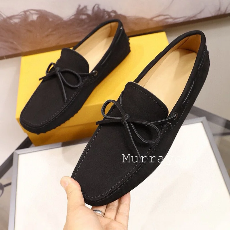 New Butterfly-knot Decor Flat Shoes Men Genuine Leather Soft Sole Loafers Four Seasons Pea Shoes  Office Shoes Driving Shoes