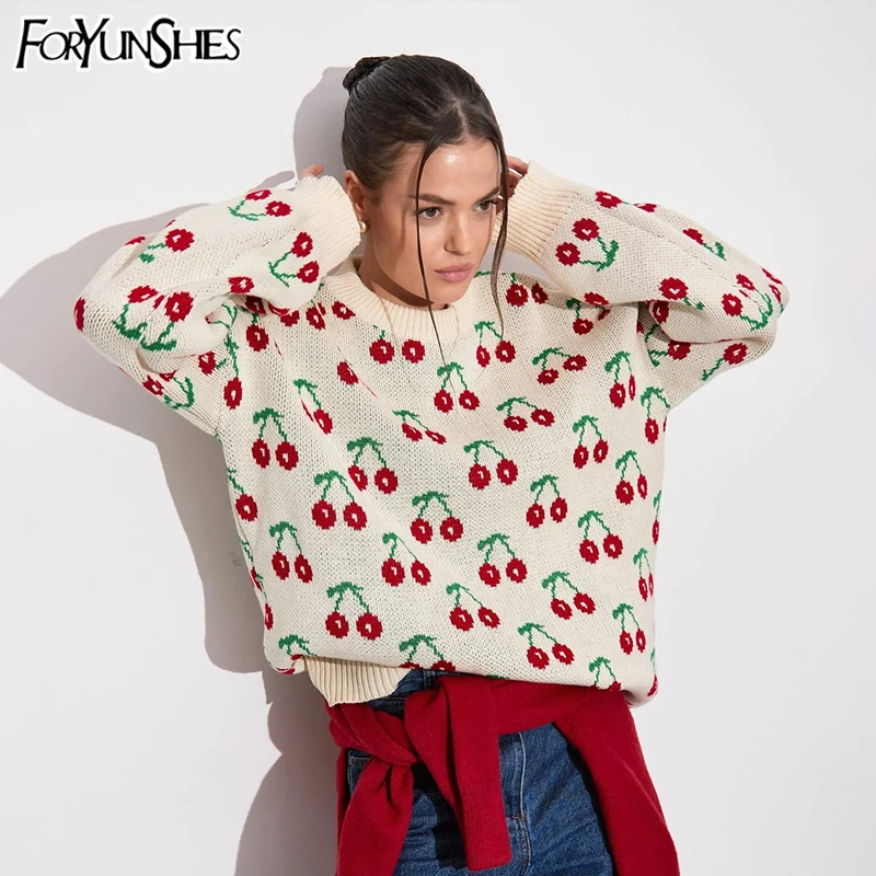 

Cherry Print Knitted Casual Loose Women Sweater Tops 2025 Autumn Long Sleeve Oversized Fashion Pullover Jumpers