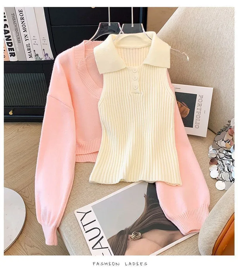 

College Style Knitted Sweater Vest Two-piece Set For Women's Autumn 2025 Autumn Winter New Sweet Age Reducing Fashion Set