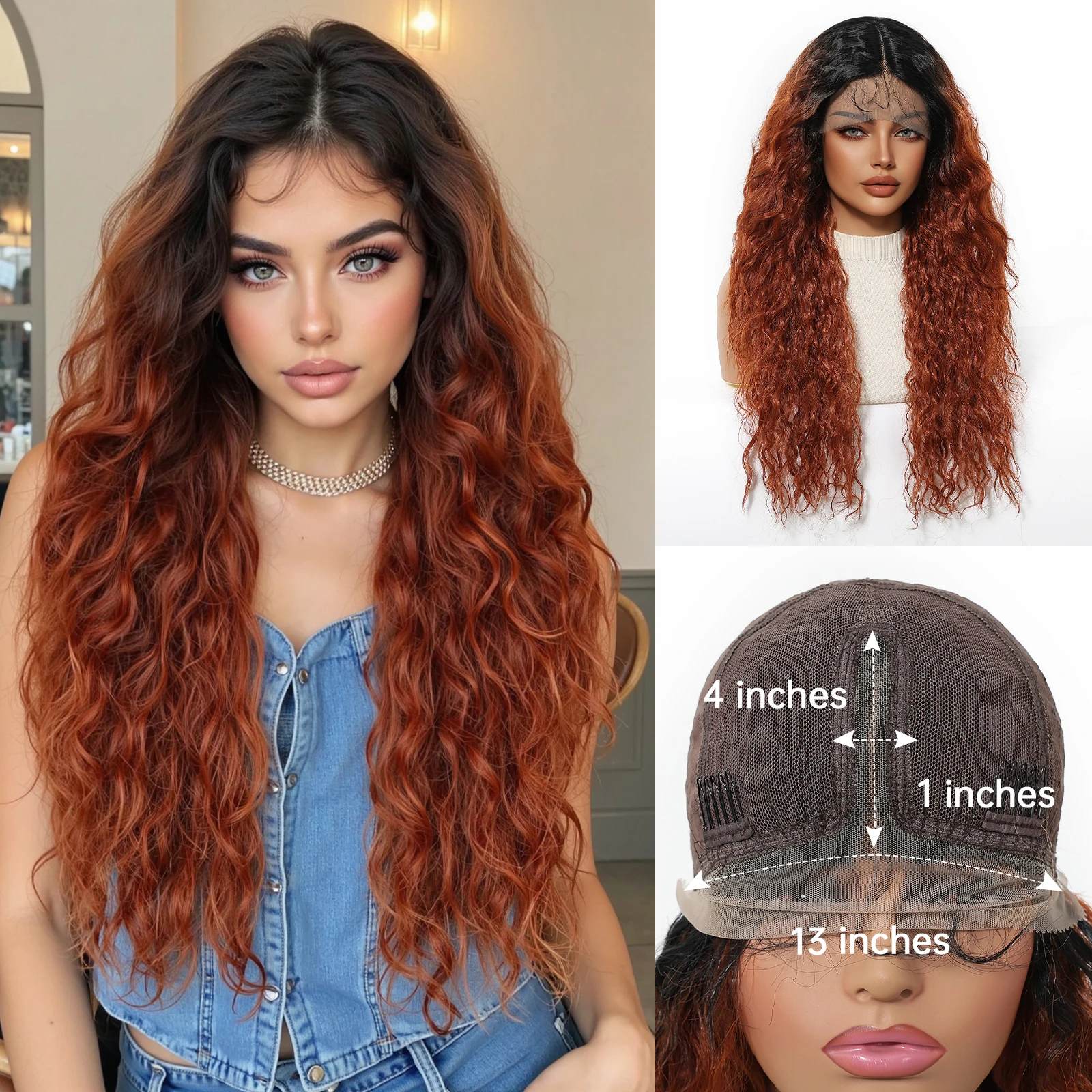 

Длинные вьющиеся парики средней части Темно-рыжий кружевной фронтальный синтетический парик Красновато-коричневый парик с кружевной линией волос для женщин Ежедневное использование Термостойкий