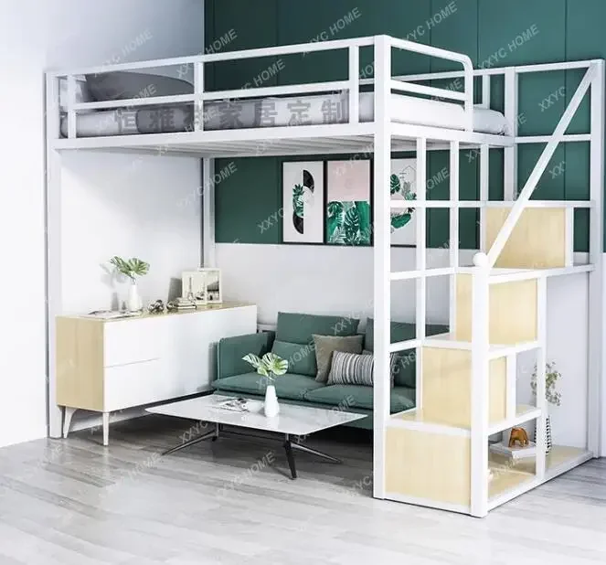 Wrought iron elevated bed sheet Upper Space saving Apartment Loft under table iron frame  double bed